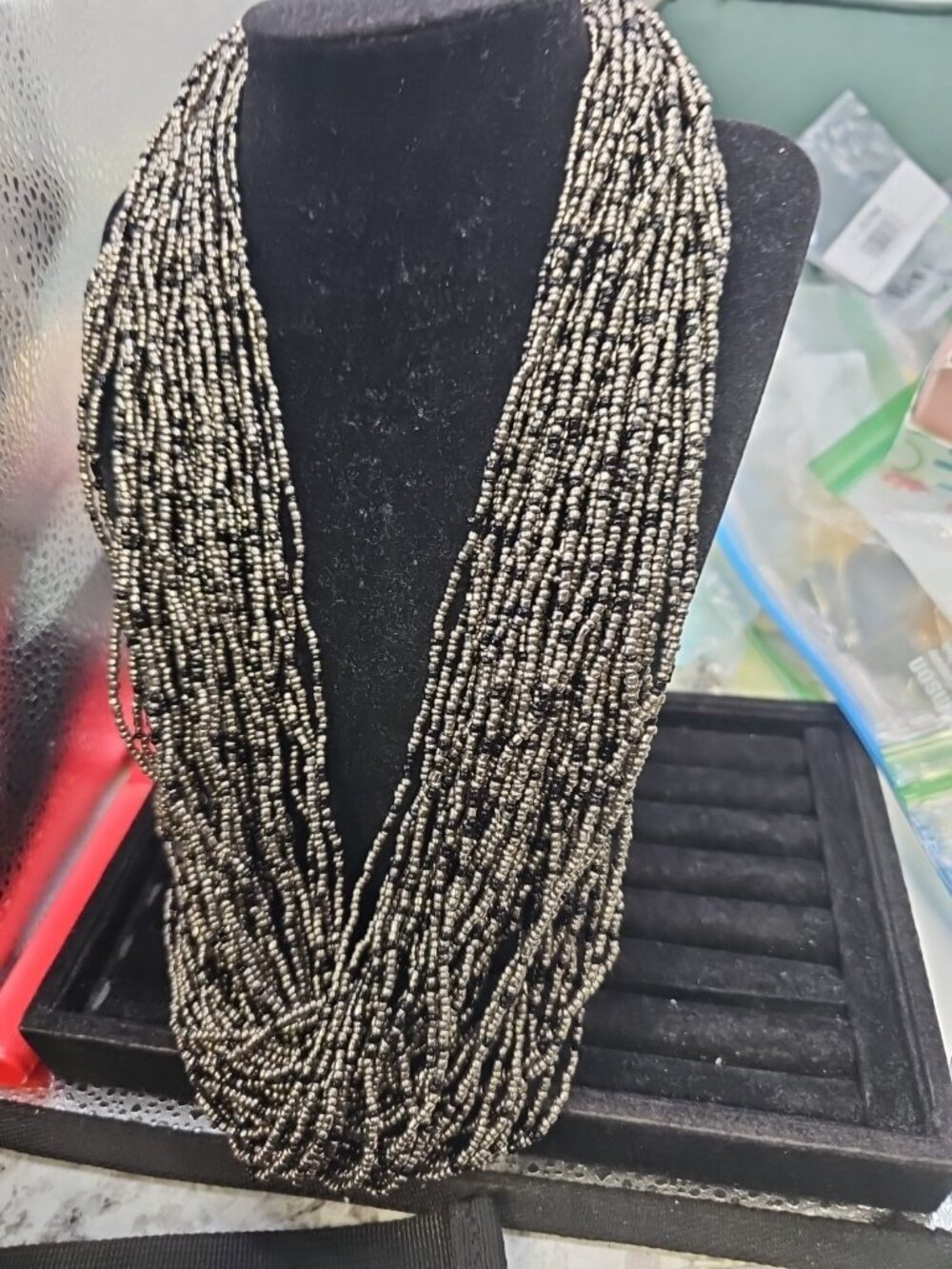 Necklace 20"inches Multi-Strand Glass Seed Beads Gunmetal Color Loop Closure